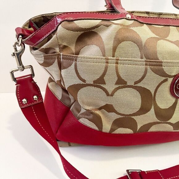 Coach Khaki Signature Cherry Red Tote Bag Handbag Weekender F17443 Patent Large - Picture 2 of 16